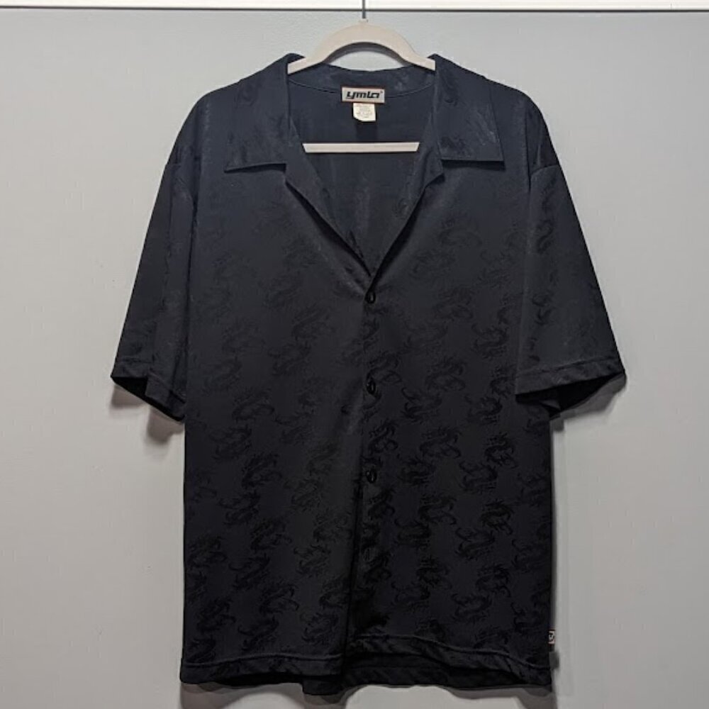 Vintage Y2k YMLA Button-Down Dragon All Over Print Short Sleeve Shirt Size L USA